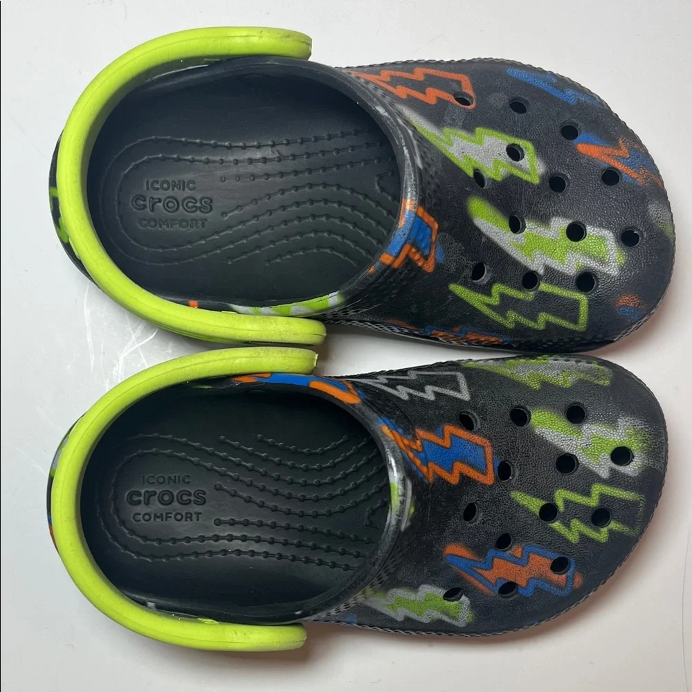 CROCS Kids size C 7 Black with Neon Green, Orange, Blue & lighting bolt design